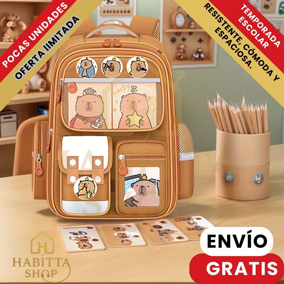 CapySchool X – Mochila Escolar Capibara 9 en 1 con Peluche DISPONIBLE AZUL – 50% OFF Hoy