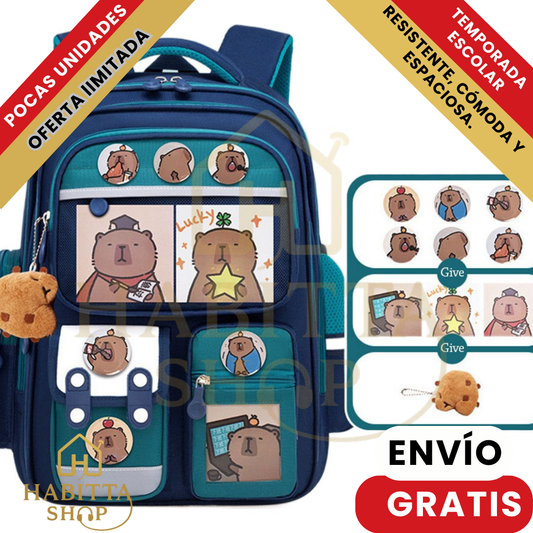 CapySchool X – Mochila Escolar Capibara 9 en 1 con Peluche DISPONIBLE AZUL – 50% OFF Hoy